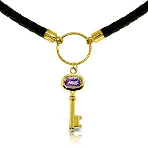 0.5 Carat 14K Solid Yellow Gold Leather Key Necklace Amethyst