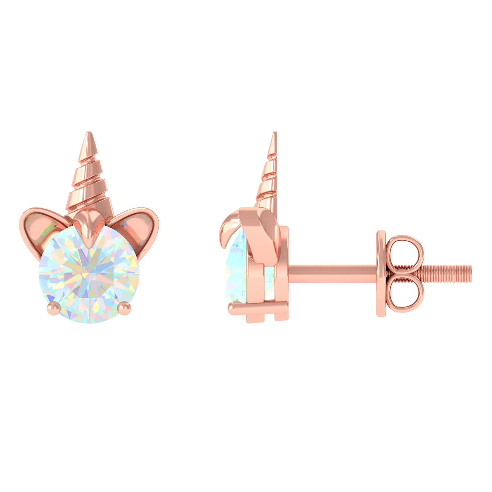 1 CT Ethiopian Opal Unicorn Solitaire Stud Earrings in Gold