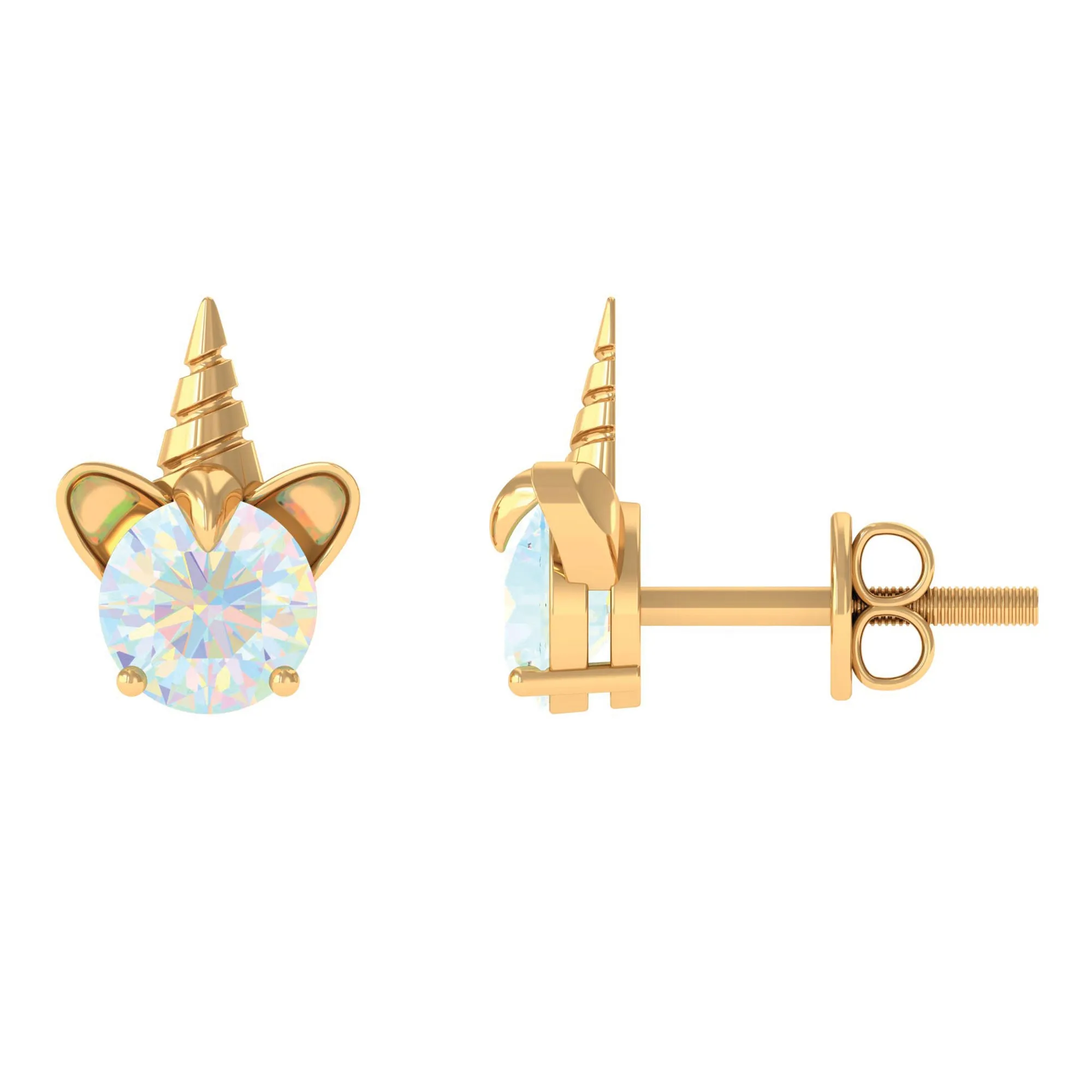 1 CT Ethiopian Opal Unicorn Solitaire Stud Earrings in Gold