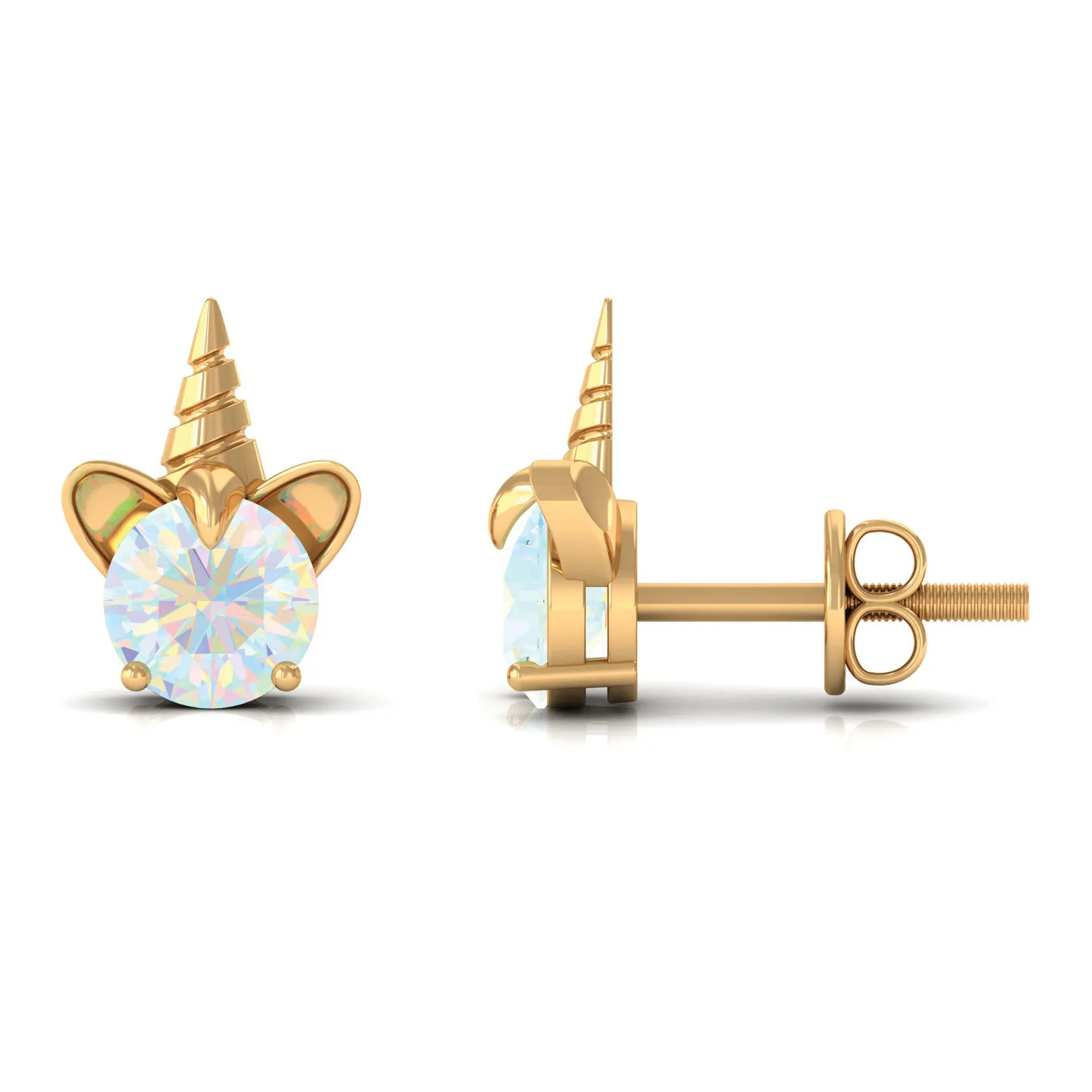 1 CT Ethiopian Opal Unicorn Solitaire Stud Earrings in Gold