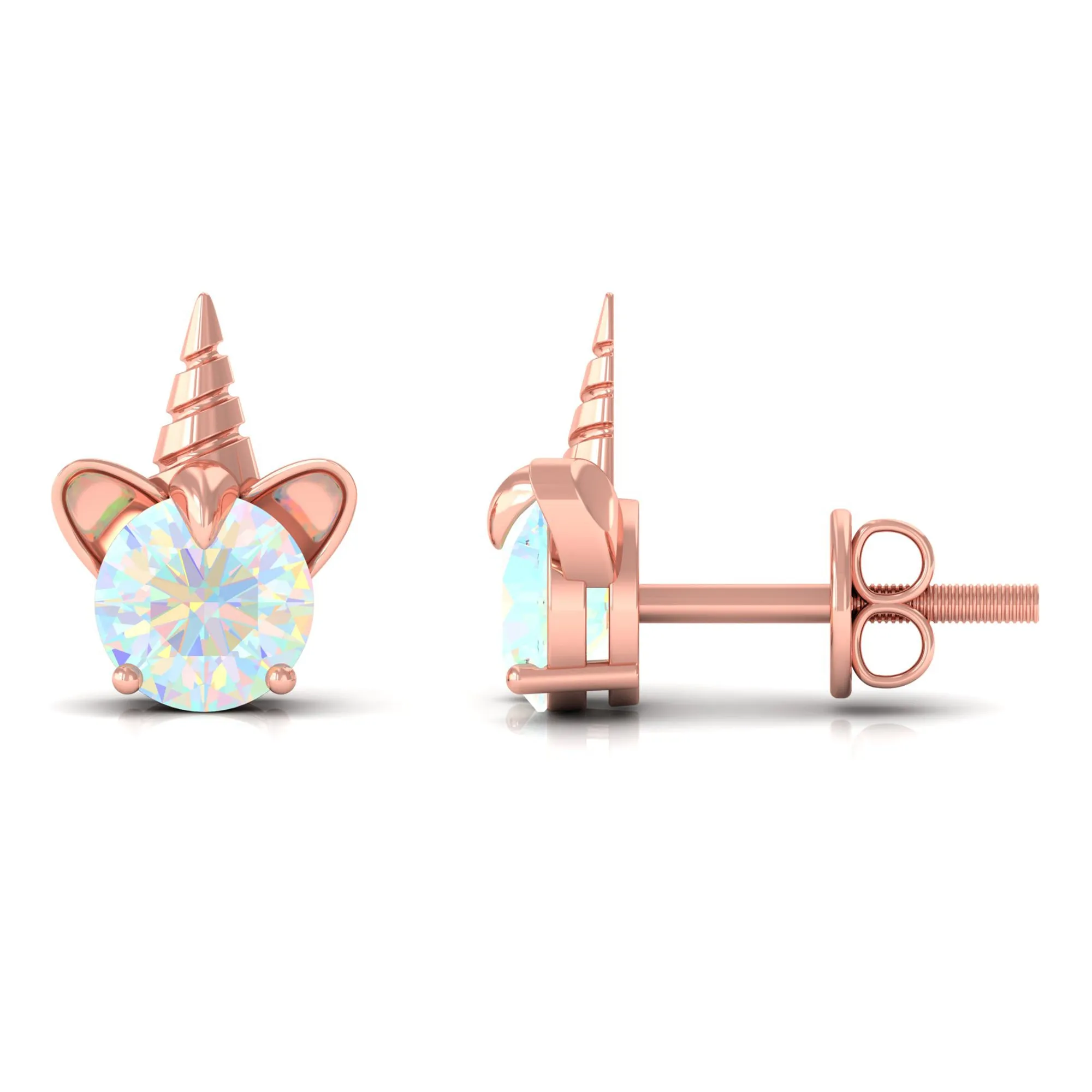 1 CT Ethiopian Opal Unicorn Solitaire Stud Earrings in Gold