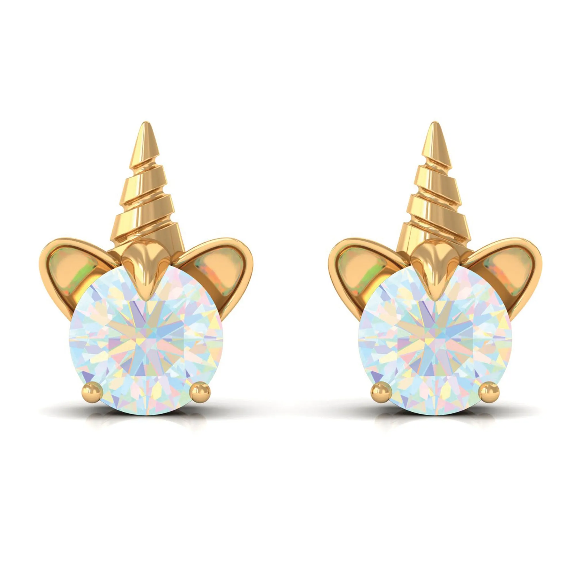 1 CT Ethiopian Opal Unicorn Solitaire Stud Earrings in Gold