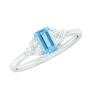 1 CT Octagon Cut Aquamarine Solitaire Ring with Diamond Trio