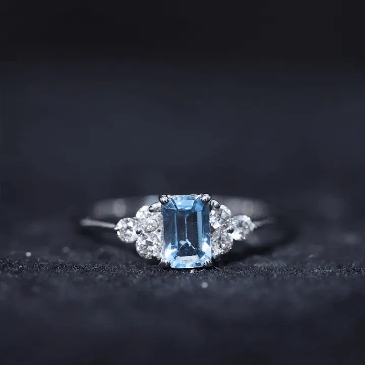 1 CT Octagon Cut Aquamarine Solitaire Ring with Diamond Trio