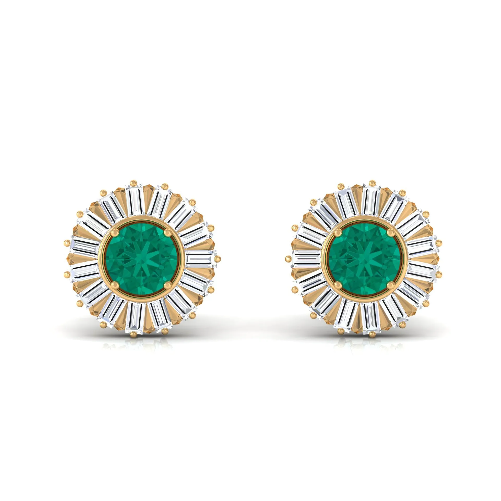 1 CT Prong Set Emerald Stud Earrings with Baguette Diamond Halo