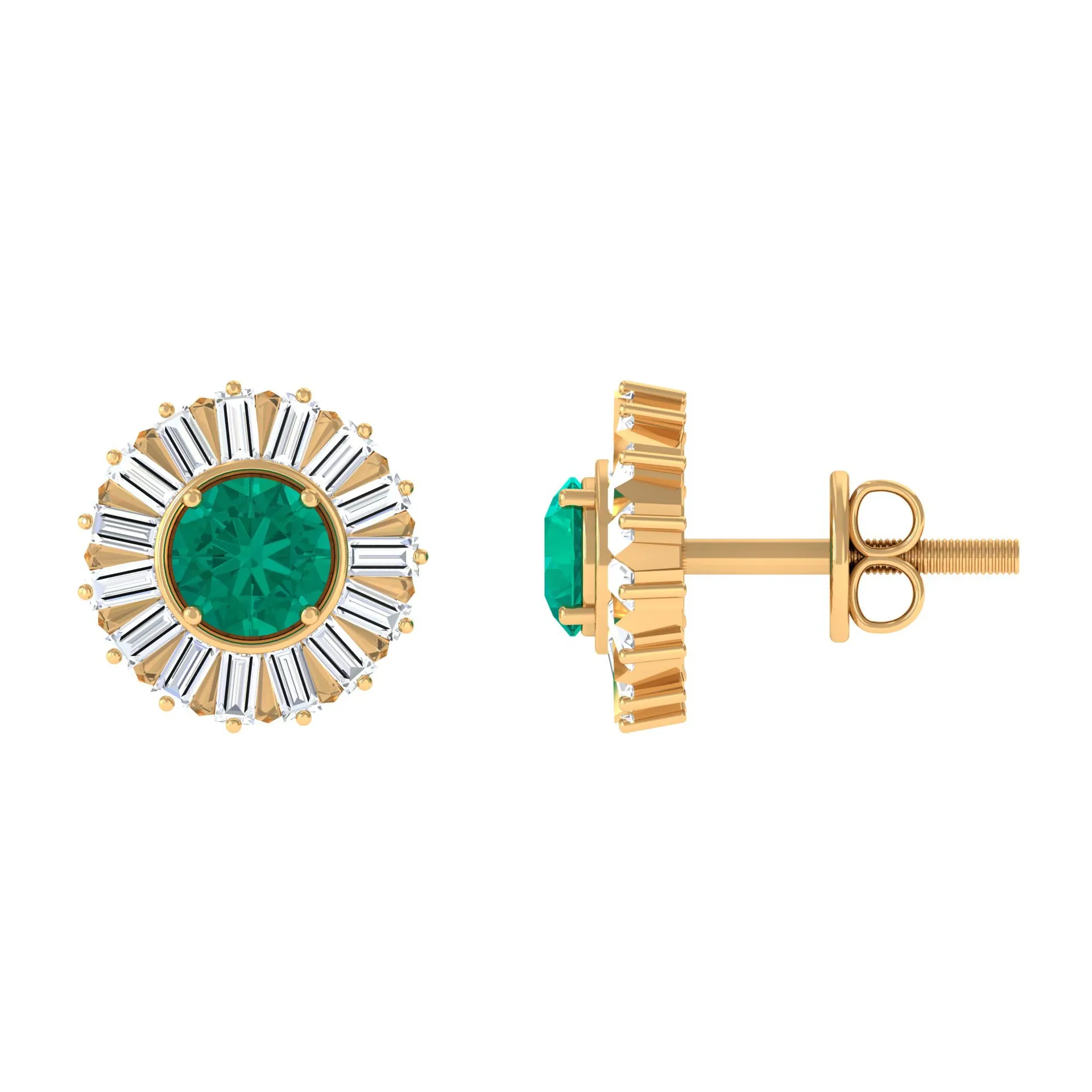 1 CT Prong Set Emerald Stud Earrings with Baguette Diamond Halo