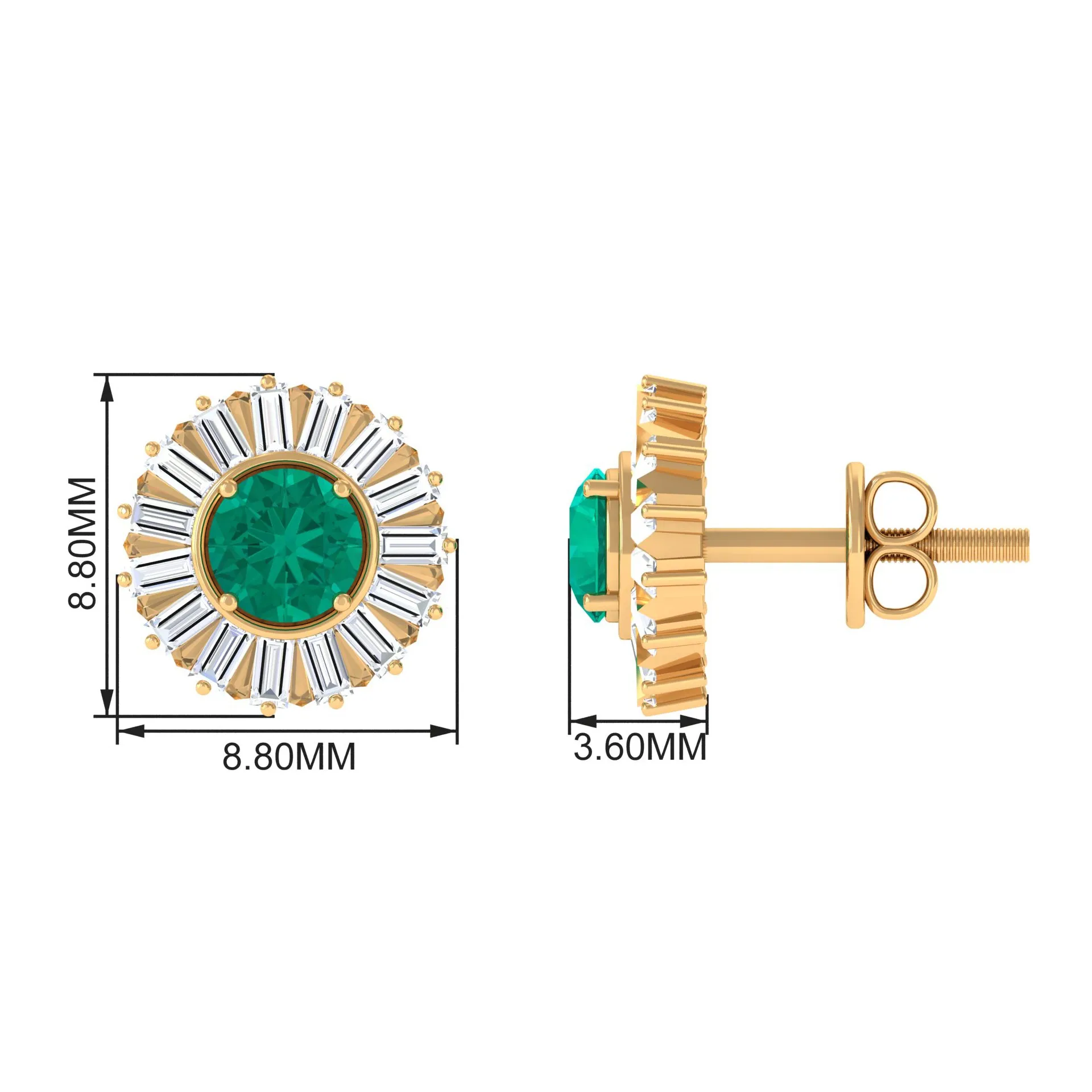 1 CT Prong Set Emerald Stud Earrings with Baguette Diamond Halo