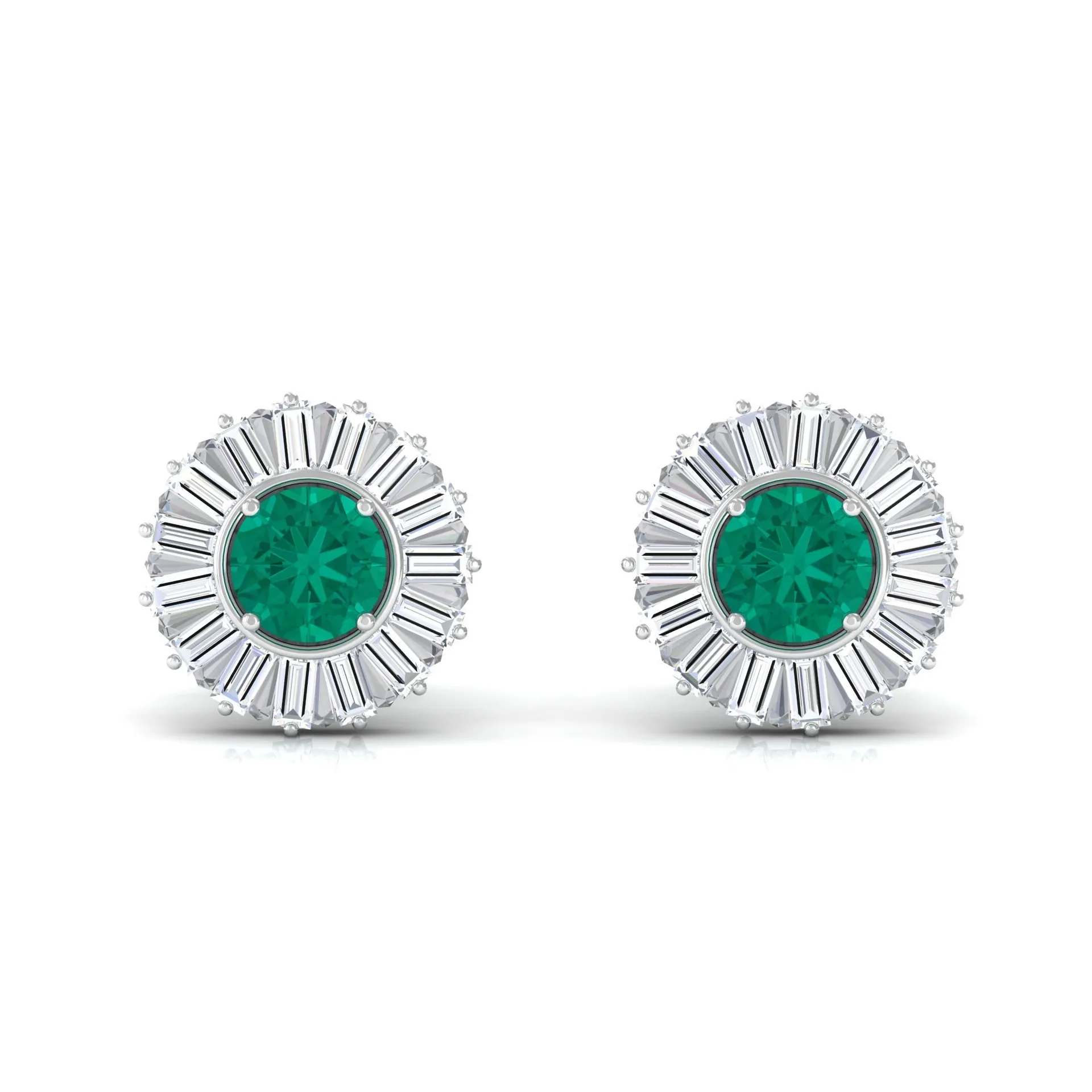 1 CT Prong Set Emerald Stud Earrings with Baguette Diamond Halo