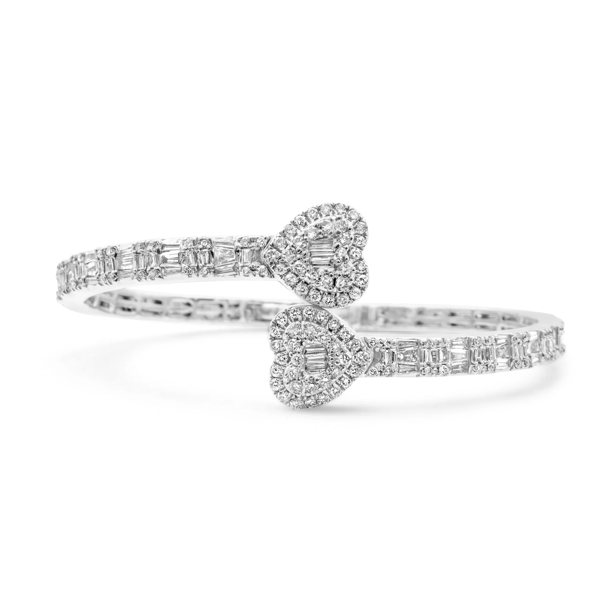 10k White Gold Diamond Baguette Heart Bangle 1.94 ctw