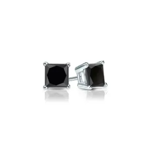 10k White Gold Plated 4 Carat Square Created Black Sapphire Stud Earrings