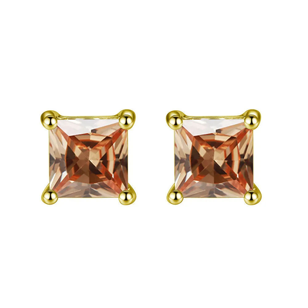 10k Yellow Gold Plated 1/2 Carat Princess Cut Created Champagne Sapphire Stud Earrings