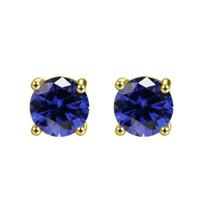 10k Yellow Gold Plated 4 Carat Round Created Blue Sapphire Stud Earrings