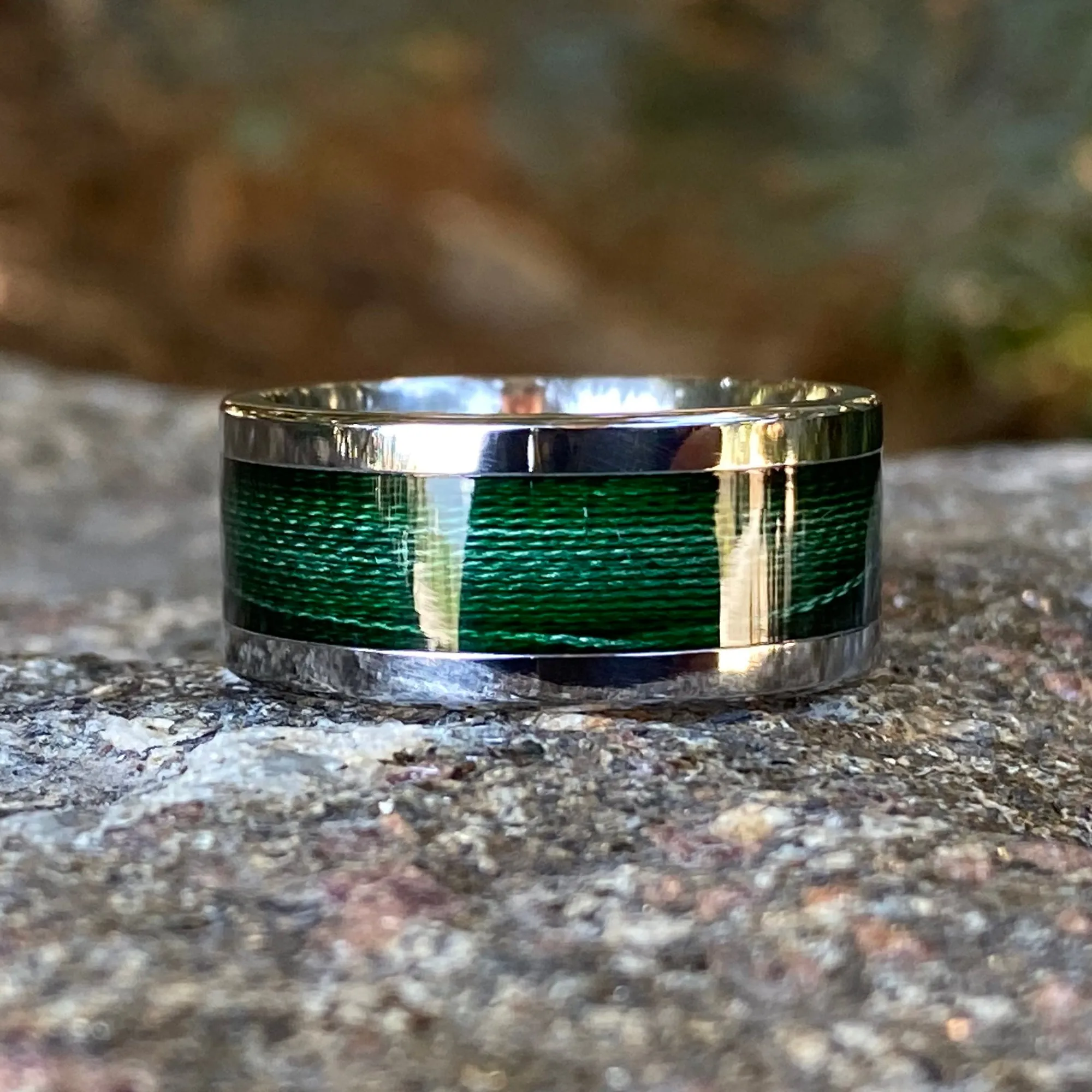 10mm Forest Green Titanium Fishing Line Ring - Custom Made Mens Wedding Bands - Polished Finish