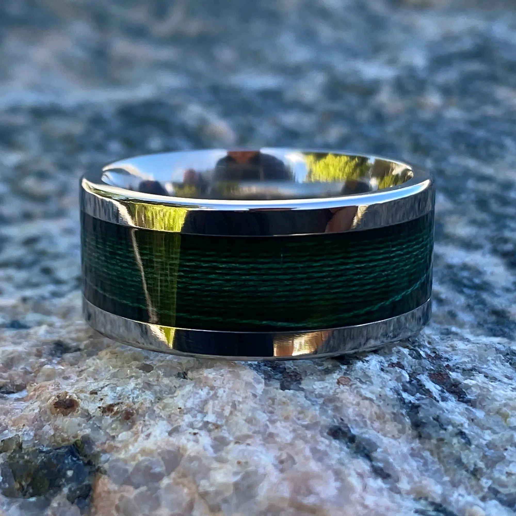 10mm Forest Green Titanium Fishing Line Ring - Custom Made Mens Wedding Bands - Polished Finish