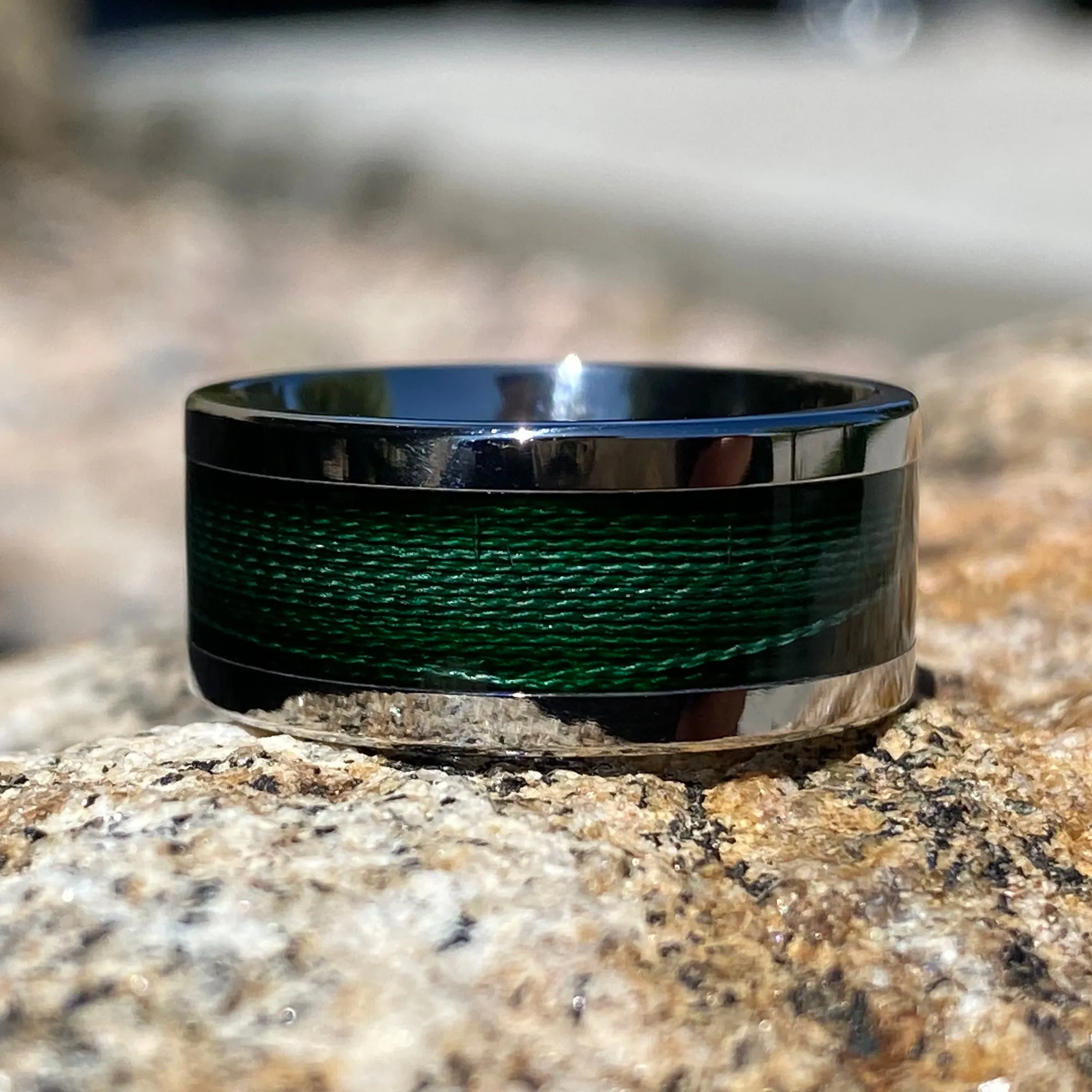 10mm Forest Green Titanium Fishing Line Ring - Custom Made Mens Wedding Bands - Polished Finish