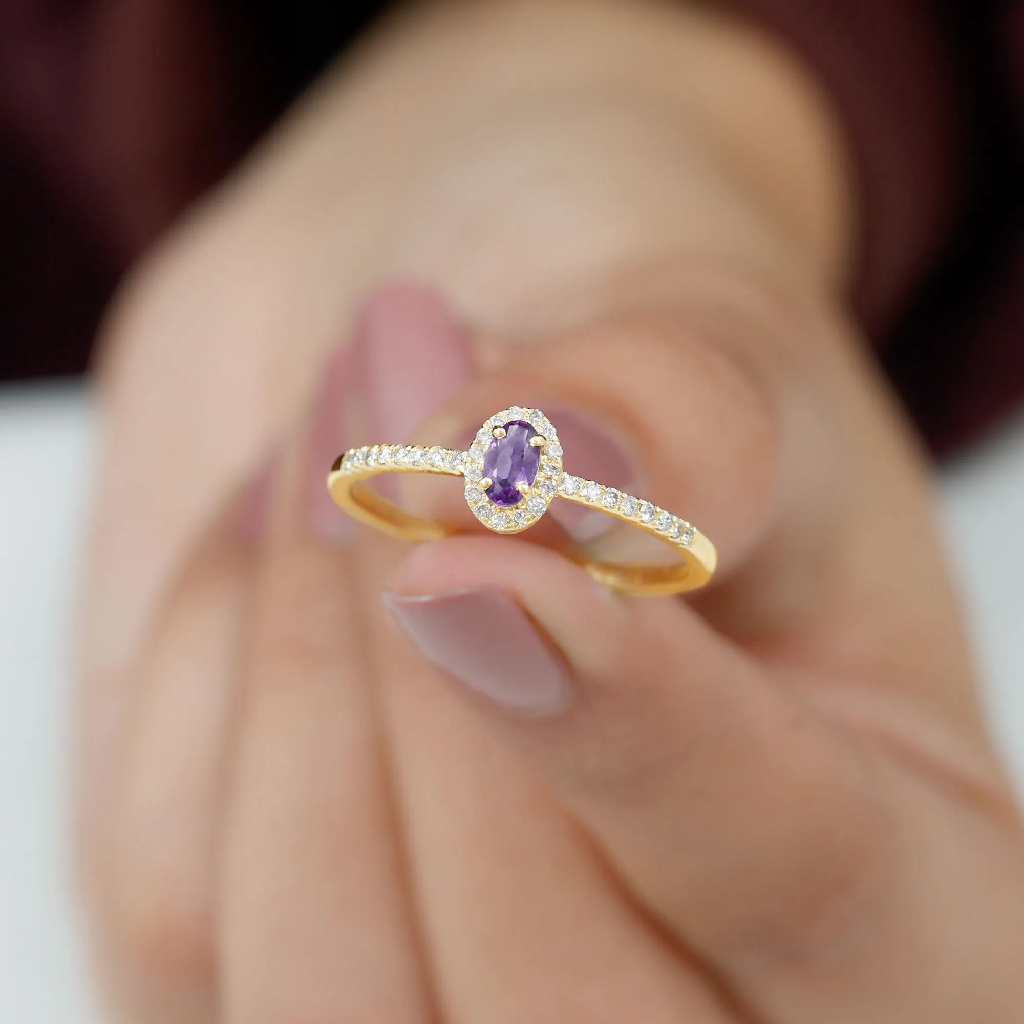 1/2 CT Oval Shape Amethyst Classic Engagement Ring with Diamond Halo