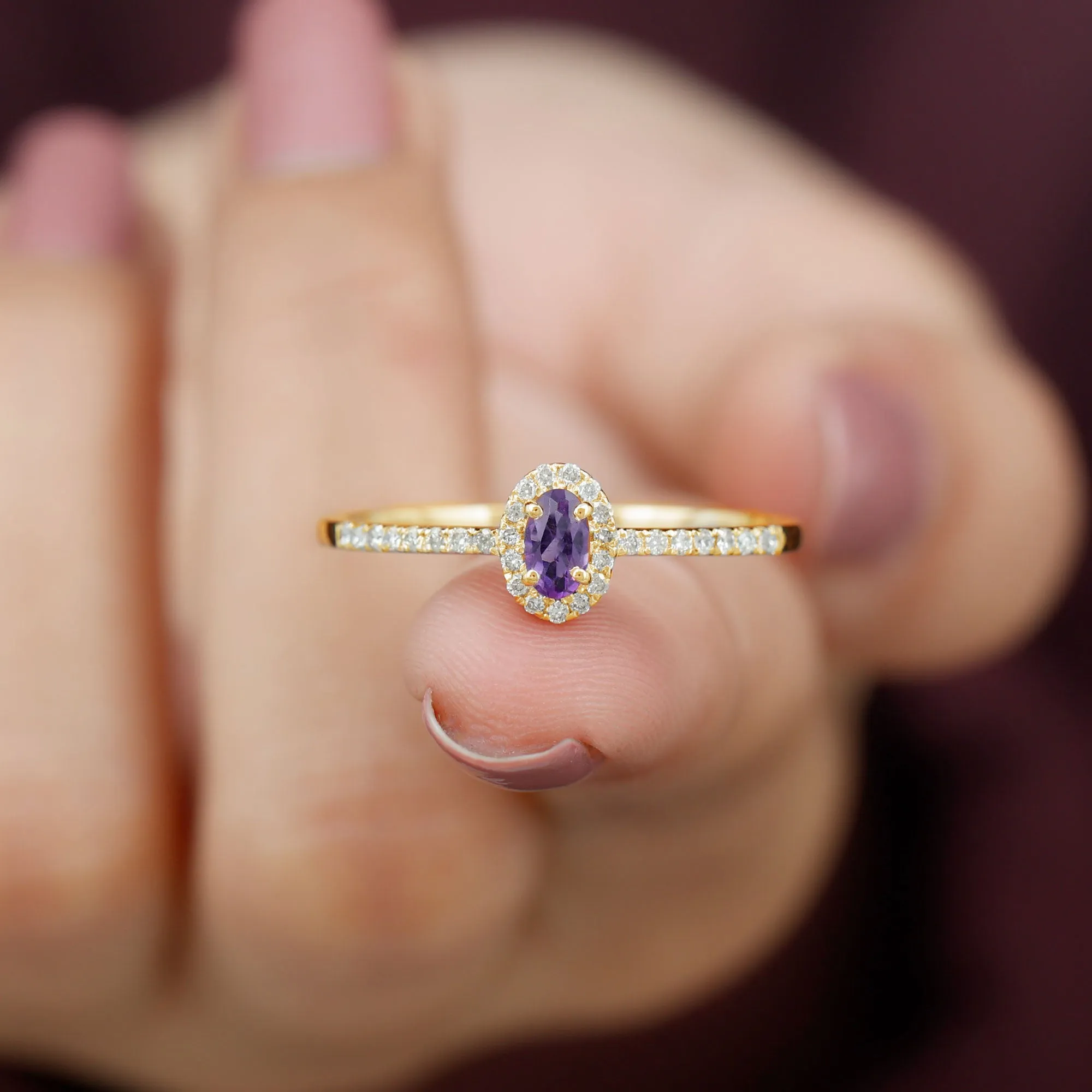 1/2 CT Oval Shape Amethyst Classic Engagement Ring with Diamond Halo