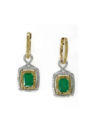 14K 2-Tone Gold Emerald, Yellow and White Diamond Earrings, 2.90 TCW