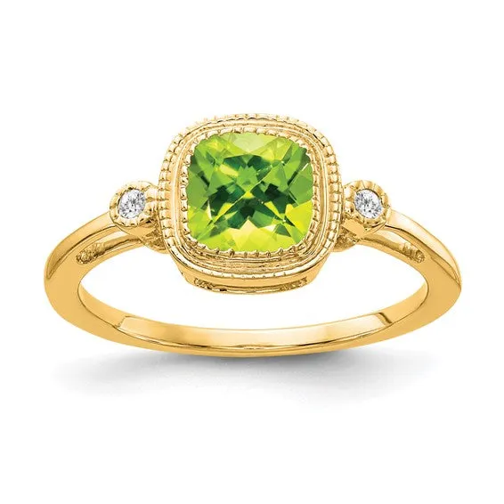 14k Gold Cushion Cut Peridot with Diamond Accent Ring