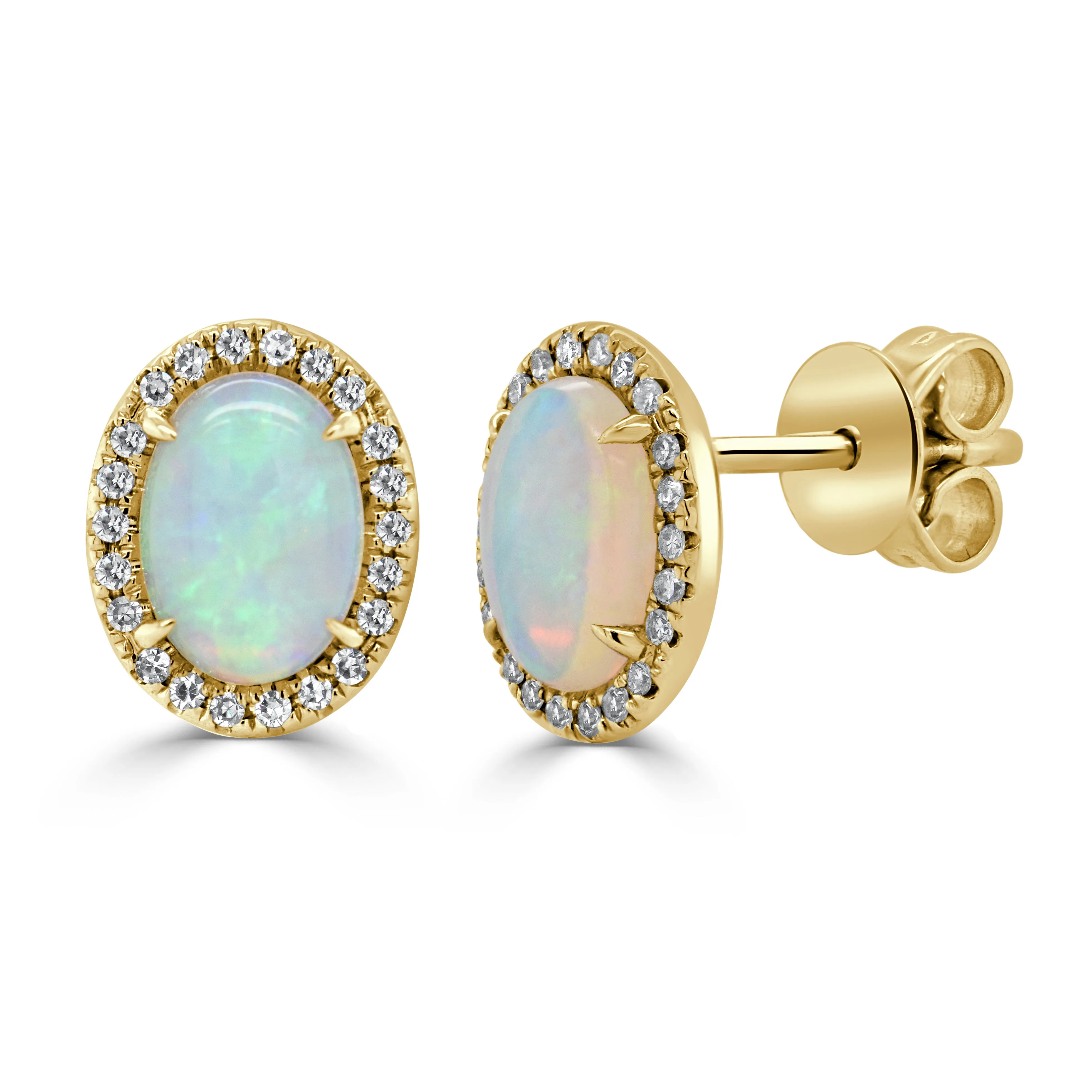 14K Gold Oval Opal & Diamond Stud Earrings