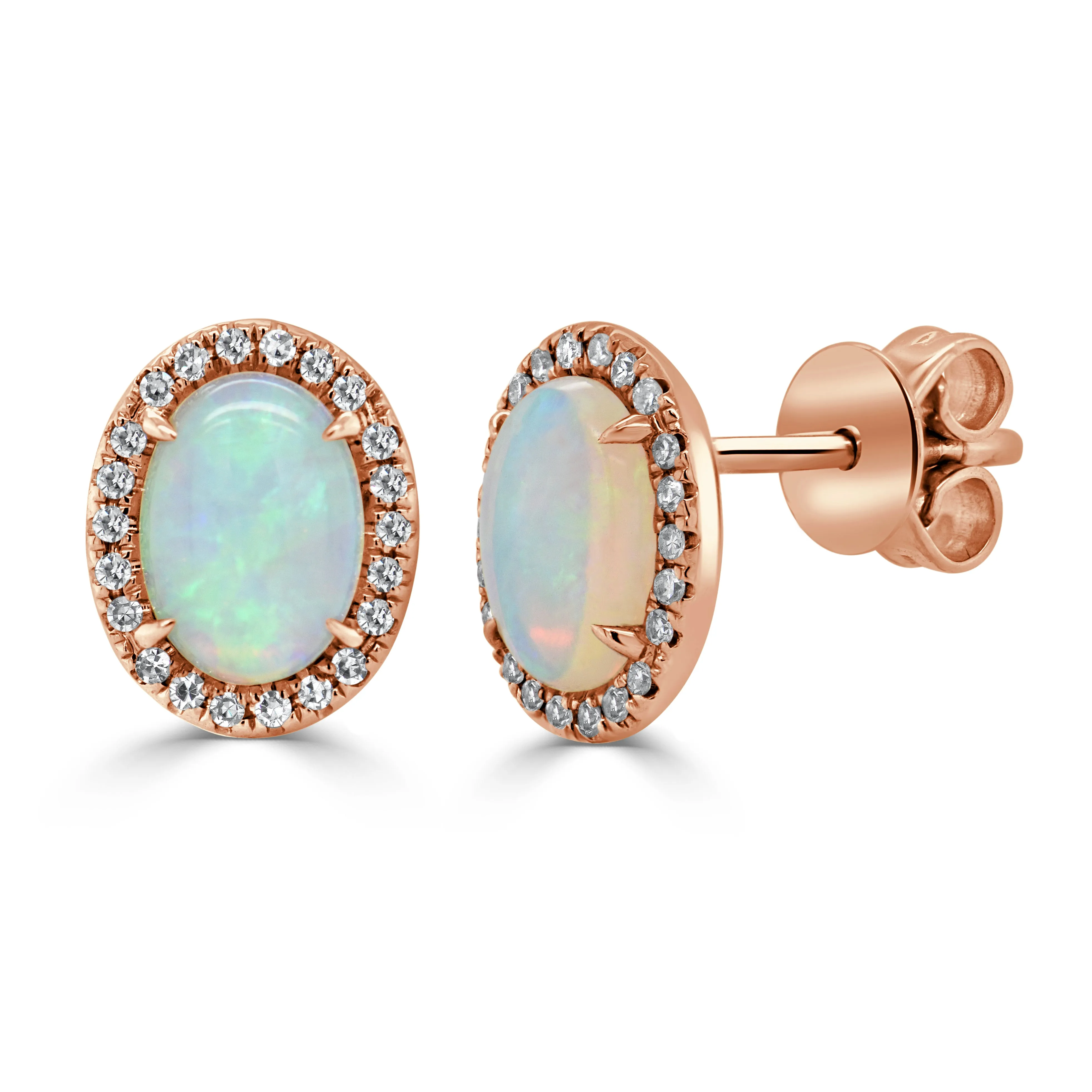 14K Gold Oval Opal & Diamond Stud Earrings