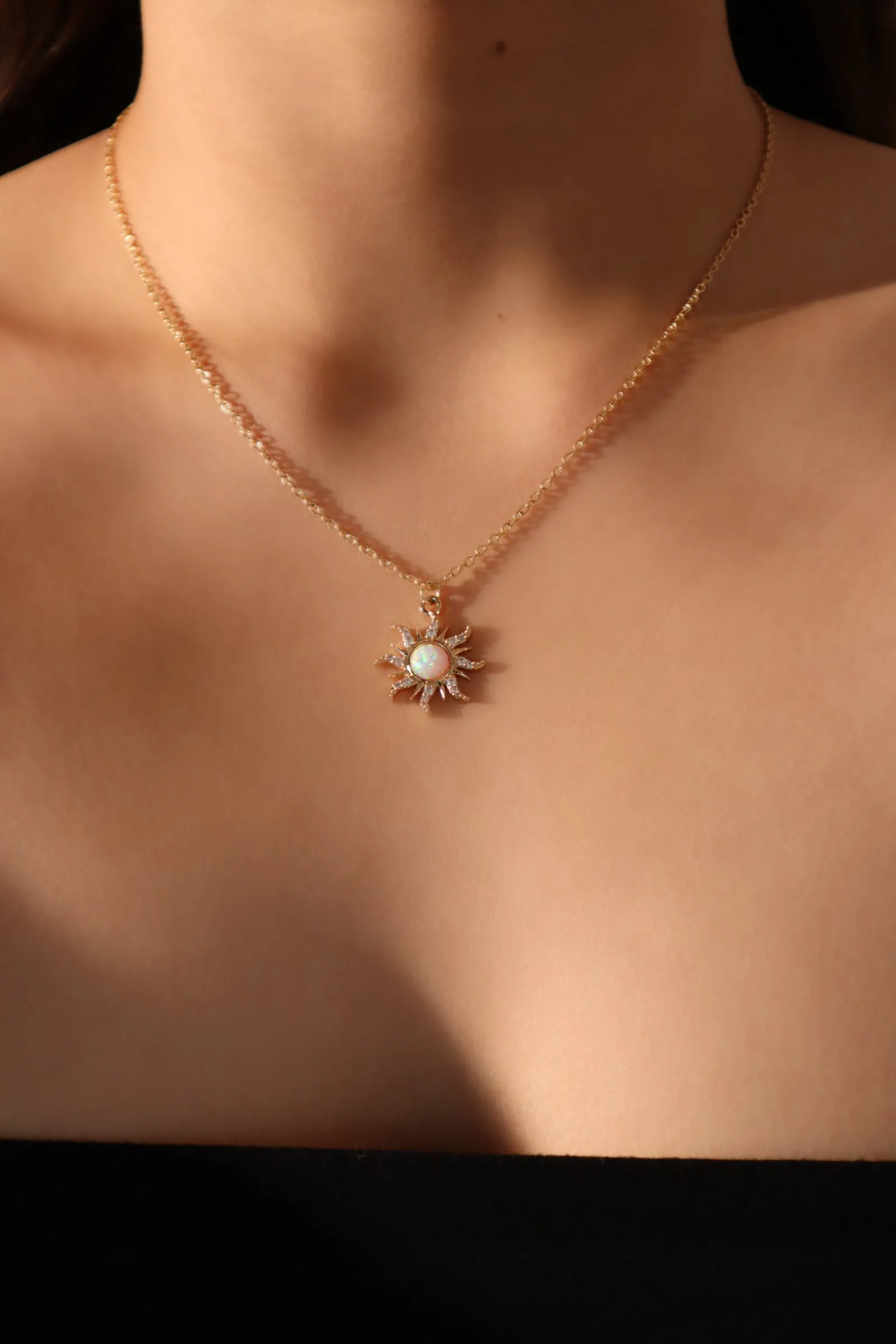 14K Real Gold Plated White Opal Sun Necklace