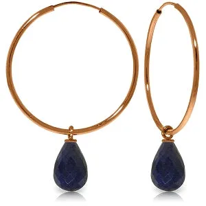 14K Solid Rose Gold Hoop Natural Sapphire Earrings