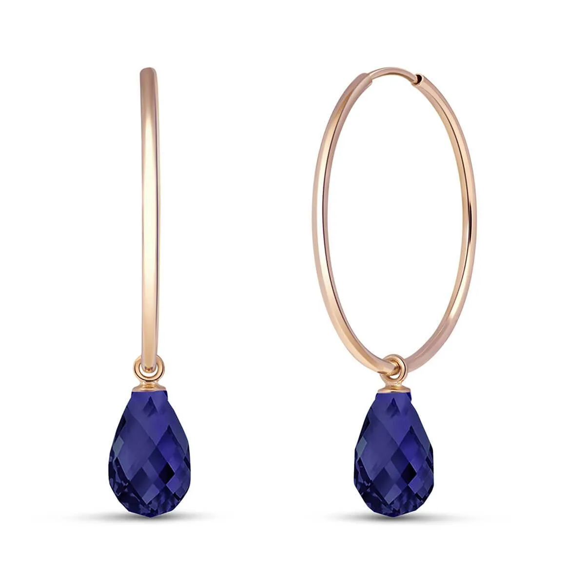 14K Solid Rose Gold Hoop Natural Sapphire Earrings