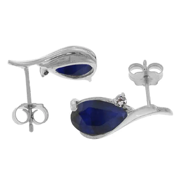 14K Solid White Gold Studs Earrings Natural Diamond & Sapphire