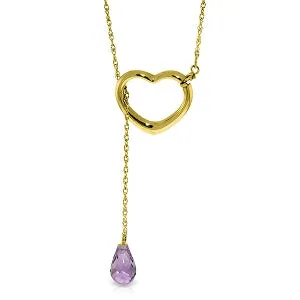 14K Solid Yellow Gold Heart Necklace w/ Drop Briolette Natural Amethyst