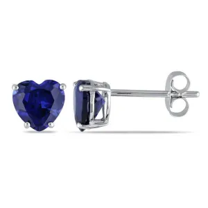 14k White Gold Plated 2 Carat Heart Created Blue Sapphire Stud Earrings