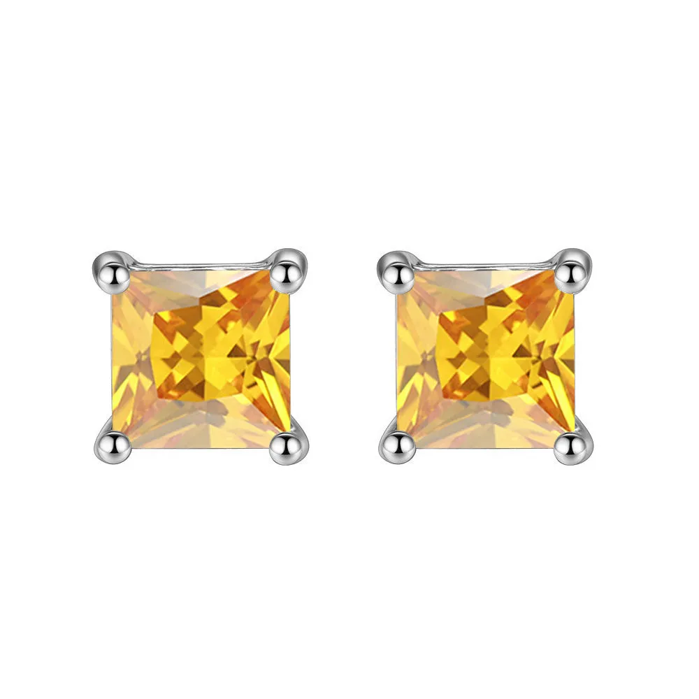 14k White Gold Plated 3 Carat Princess Cut Created Yellow Sapphire Stud Earrings