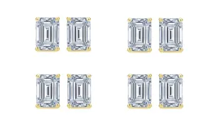 14k Yellow Gold 2Ct Emerald Cut White Sapphire Set Of Four Stud Earrings Plated