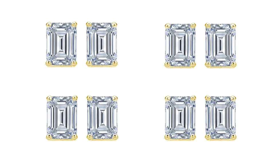 14k Yellow Gold 2Ct Emerald Cut White Sapphire Set Of Four Stud Earrings Plated