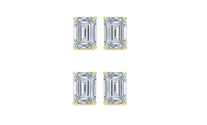 14k Yellow Gold 2Ct Emerald Cut White Sapphire Set Of Two Stud Earrings Plated