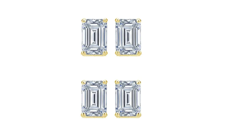 14k Yellow Gold 3Ct Emerald Cut White Sapphire Set Of Two Stud Earrings Plated