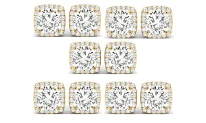 14k Yellow Gold 4mm 2Ct Cushion Cut White Sapphire Set Of Five Halo Stud Earrings Plated