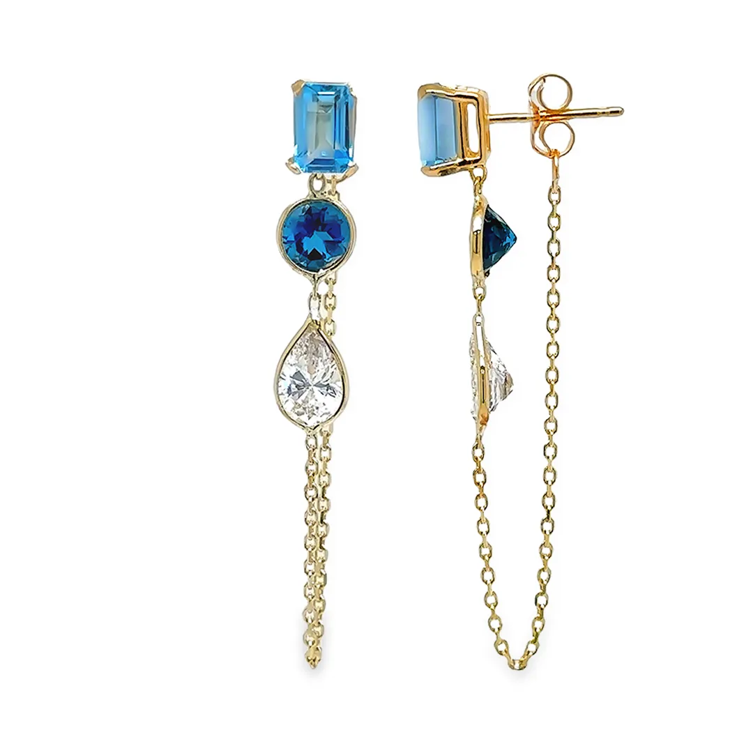 14K Yellow Gold Emerald, Round And Drop Cut Blue Topaz And White Gemstones Chain Studs