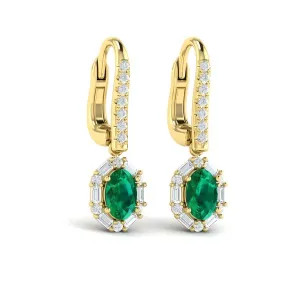 14K YELLOW GOLD OVAL EMERALD AND DIAMOND HALO DROP EARRINGS WITH BAGUETTES 0.49CTW