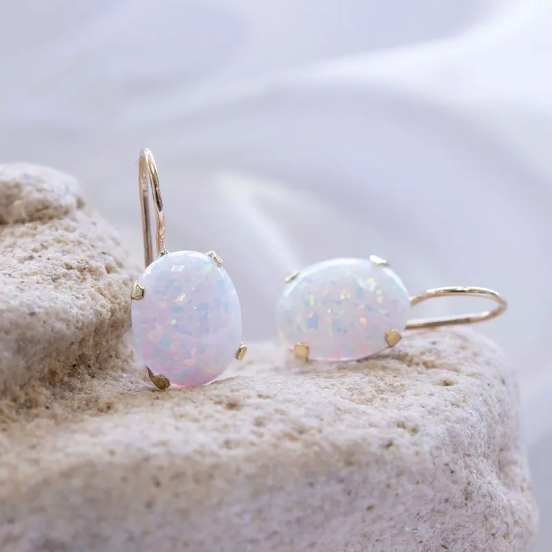 14K Yellow Gold Oval White Opal 8X10mm Dangle Earrings