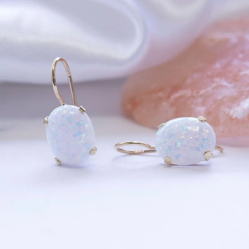 14K Yellow Gold Oval White Opal 8X10mm Dangle Earrings