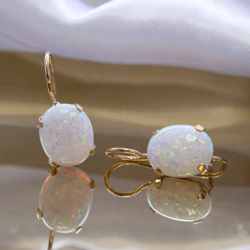 14K Yellow Gold Oval White Opal 8X10mm Dangle Earrings