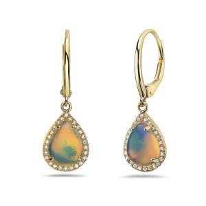 14K Yellow Gold Pear Shape Opal And Diamond Earring