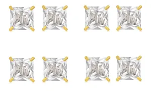 14k Yellow Gold Plated 3Ct Square Cut White Sapphire Set Of Four Stud Earrings