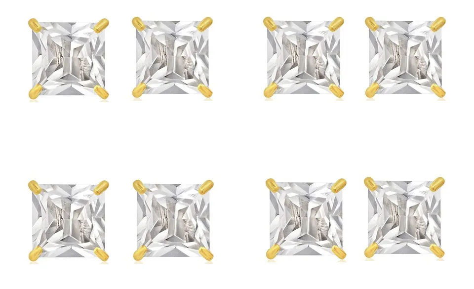 14k Yellow Gold Plated 3Ct Square Cut White Sapphire Set Of Four Stud Earrings