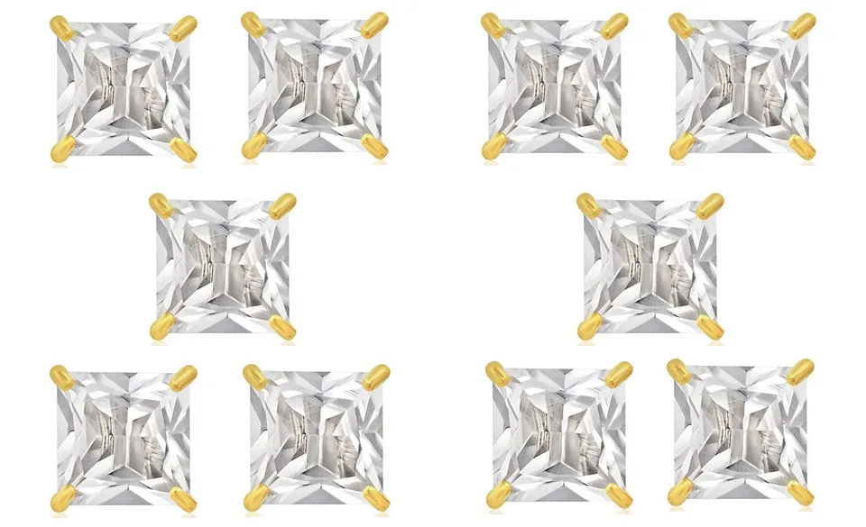 14k Yellow Gold Plated 4mm 2Ct Square Cut White Sapphire Set Of Five Stud Earrings