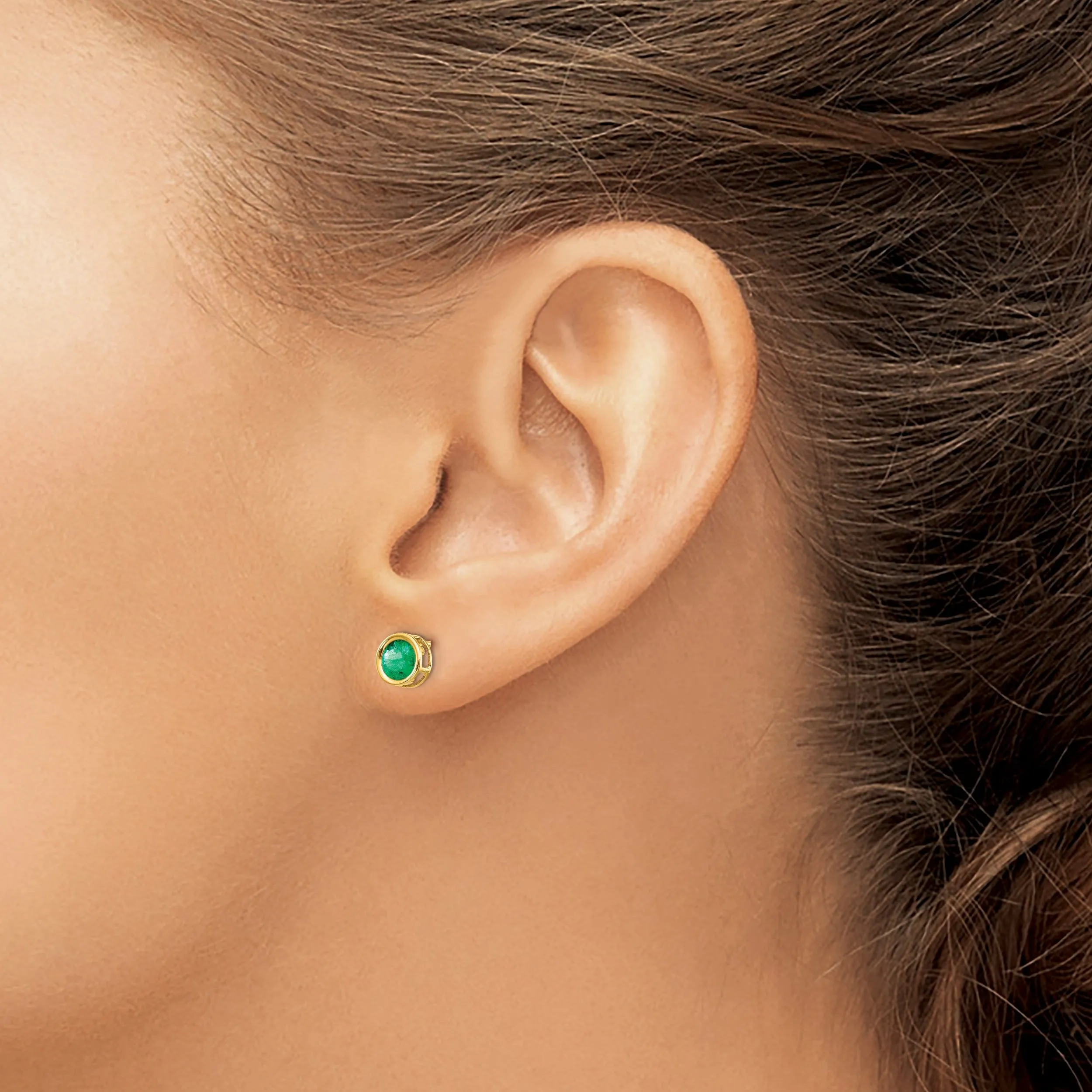 14k Yellow Gold Round Emerald Birthstone Earrings