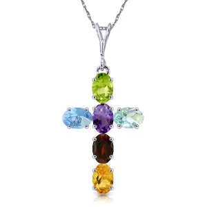 1.5 Carat 14K Solid White Gold Cross Necklace Natural Multicolor Gems