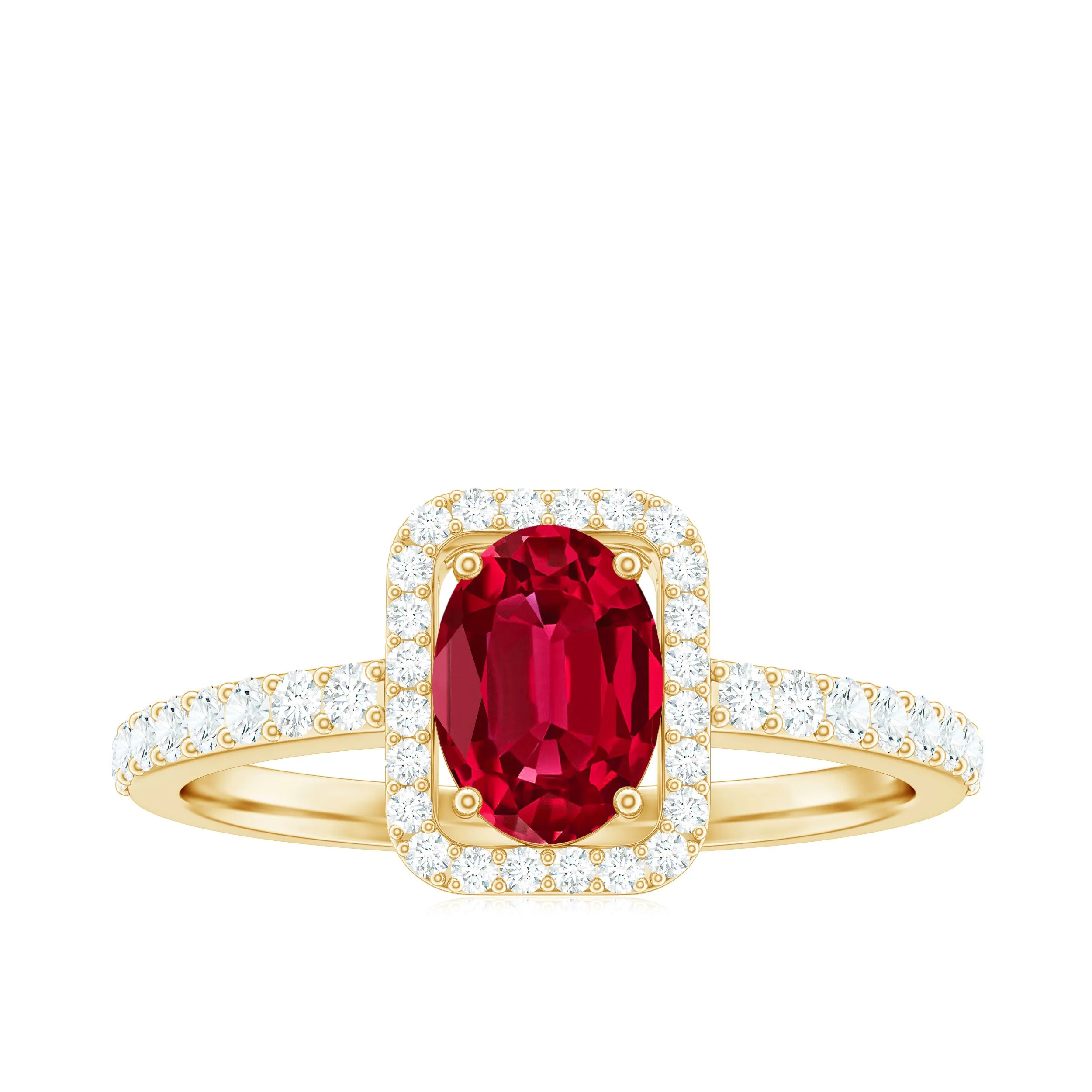 1.50 CT Oval Cut Created Ruby Engagement Ring with Diamond Halo