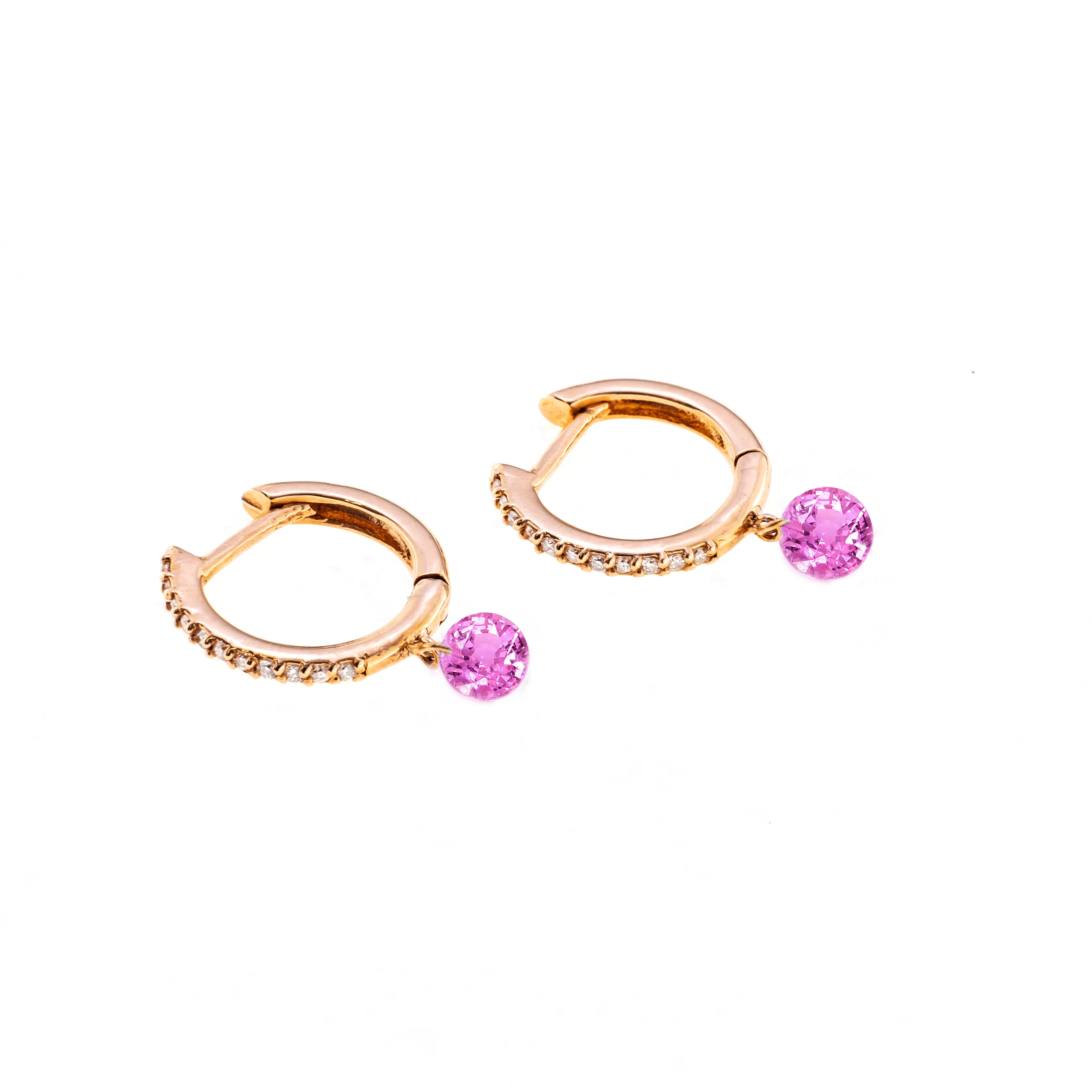 18K Gold Drilled Pink Sapphire Huggie Hoops Earrings